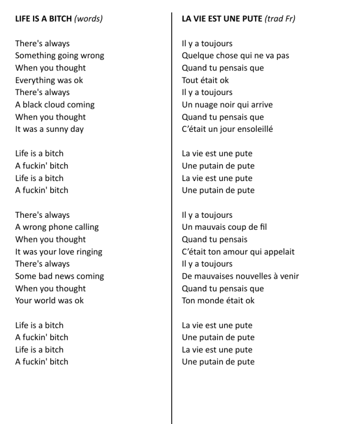 Words de LIFE IS A BITCH Titre de l'album ALL DIFFERENT AND ALL THE SAME de GUITARE ROUGE - British Rock façon Frenchy