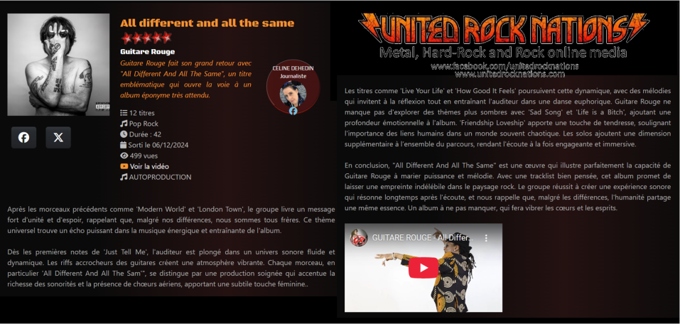 Chronique UNITED ROCK NATION pour ALBUM ALL DIFFERENT AND ALL THE SAME de Guitare Rouge British Rock façon Frenchy 