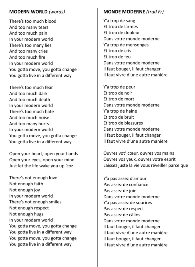 Words de MODERN WORLD Titre de l'album ALL DIFFERENT AND ALL THE SAME de GUITARE ROUGE - British Rock façon Frenchy